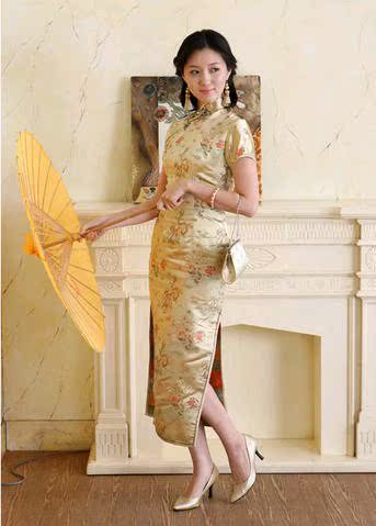 龙凤织锦缎长款旗袍 拍照唐装旗袍礼服 短袖 剪彩礼仪服装 长旗袍