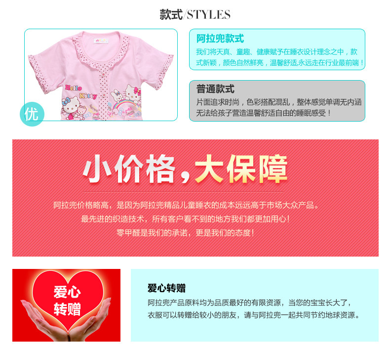 阿拉兜100%纯棉儿童<em>睡衣</em> 女童夏季圆领短袖长