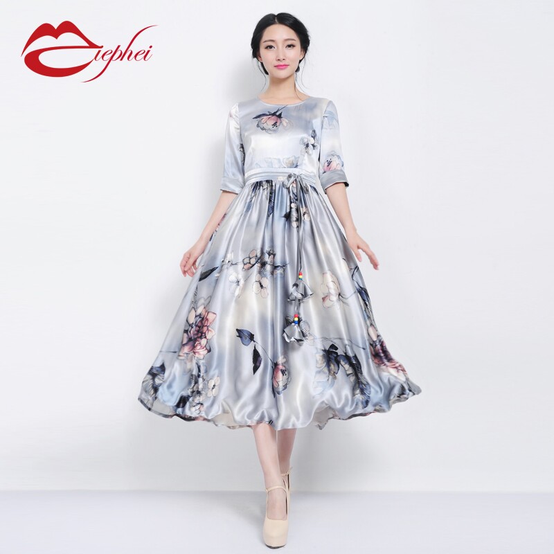 美妃2014春装新款真丝裙气质<em>淑女中袖</em>花色真