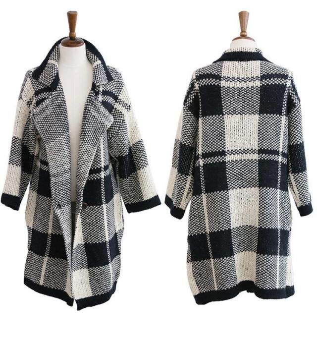 2014<em>秋</em>新款韩版<em>黑白</em>格子<em>条纹女</em>长袖中长款开