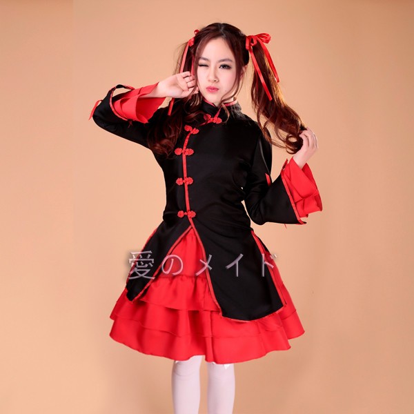 J Black Red Gothic Lolita COSPLAY Tiered Bow Apron Long Sleeves Dress Chinese EBay