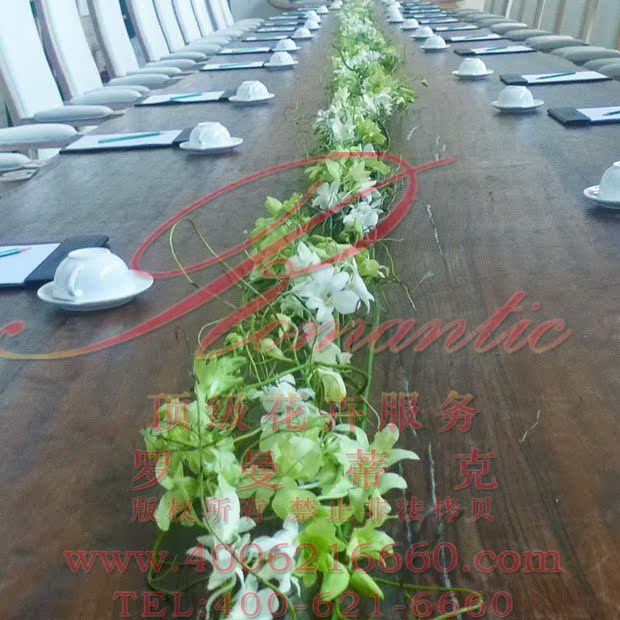 127b1基业长青|绿兰花白洋兰青龙柳中式复古会议桌花|商务鲜花