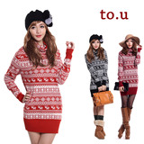 to.u 2012 春装韩版女装新款圣诞雪花麋鹿高领中长款羊绒毛衣