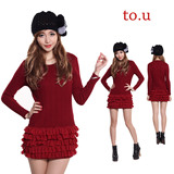 to.u 2012春装新款女装韩版中长百褶木耳边蛋糕裙长袖羊绒毛衣