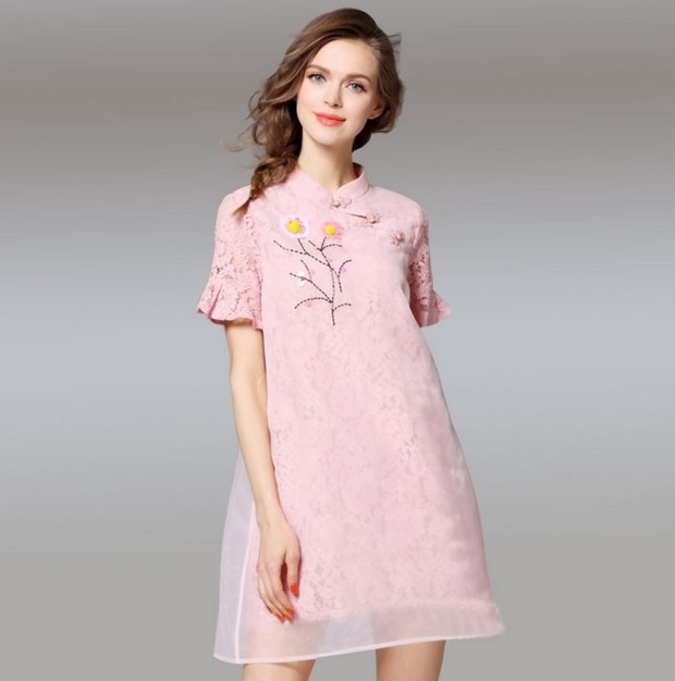 春夏新款女装蕾丝连衣裙中式立领时尚旗袍|薅